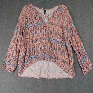 MASSINI WOMENS PINK BLUE PAISLEY LONG SLEEVE CRISS-CROSS BOHO BLOUSE TOP SIZE L
